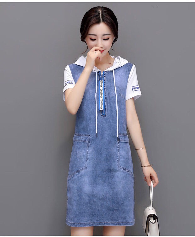 ĐẦM JEAN SUÔNG PHỐI TAY & NÓN TRẮNG